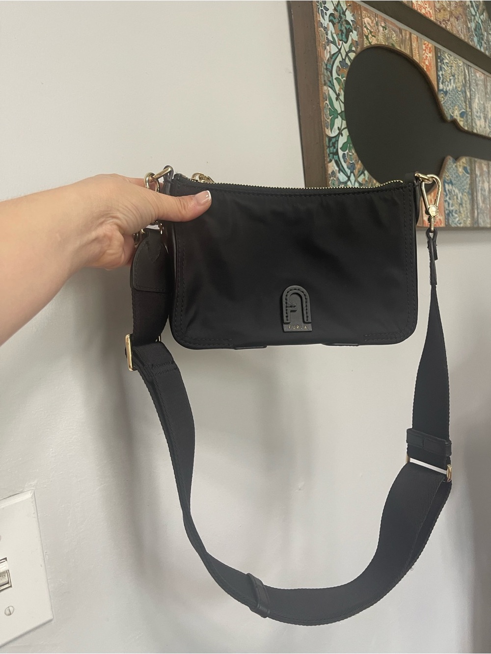 Furla Black Nylon Pouch with Gold Zipper